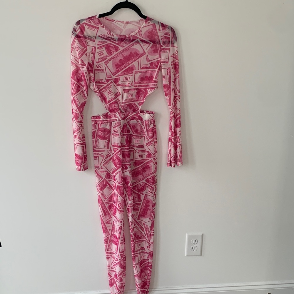 Pink Money Print casino night Cutout Jumpsuit(2 pieces)  XS NWOT sheer